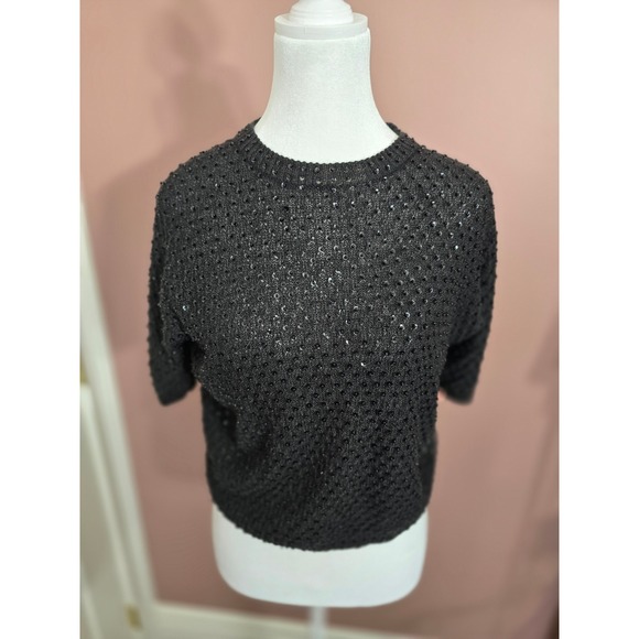 Neiman Marcus Black Sequin Open Knit Short Sleeve Crew Neck Sweater Top - Picture 3 of 3